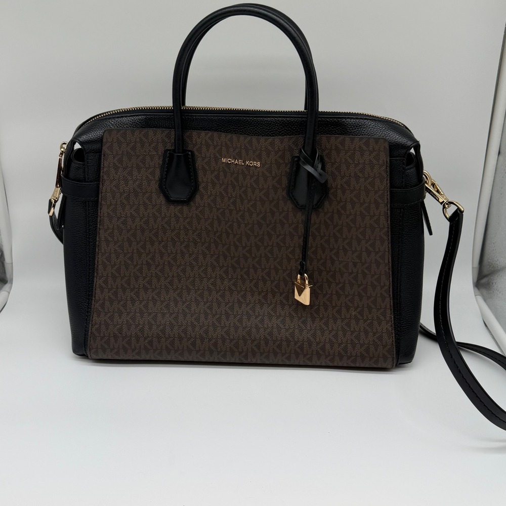 Michael Kors Mercer Large Satchel Bag Brown Signature Logo Black Leather Gold HW